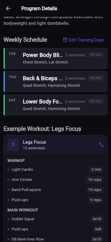 Weekly Schedule with sessions on Tuesday, Thursday and Saturday and an Edit Training Days button