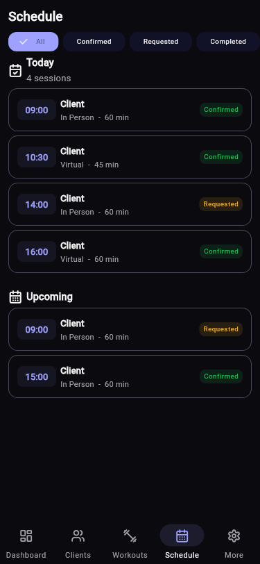 RiseRally Trainer Sessions showing today's scheduled sessions