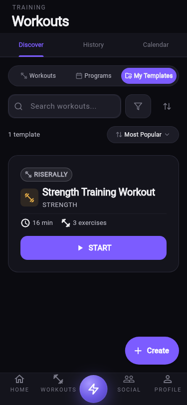 My Templates with a saved custom Strength Training Workout, 16 minutes, 3 exercises