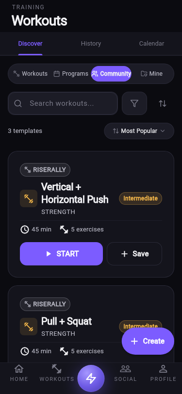 Community template directory listing workouts shared by other lifters